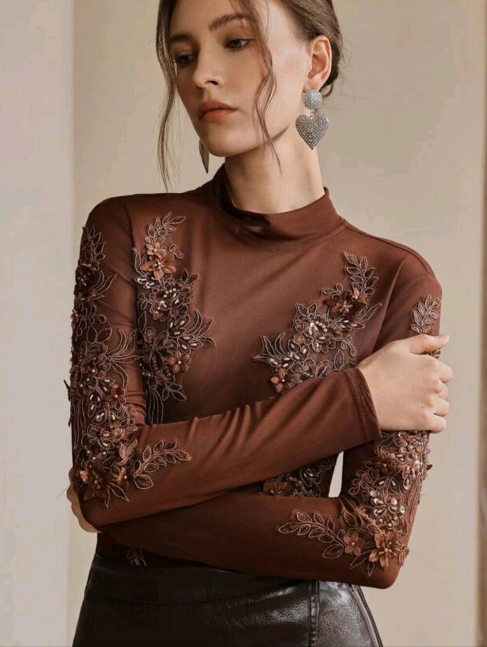 Embellished Sheer Brown Mock Neck Long-Sleeve Top Size M